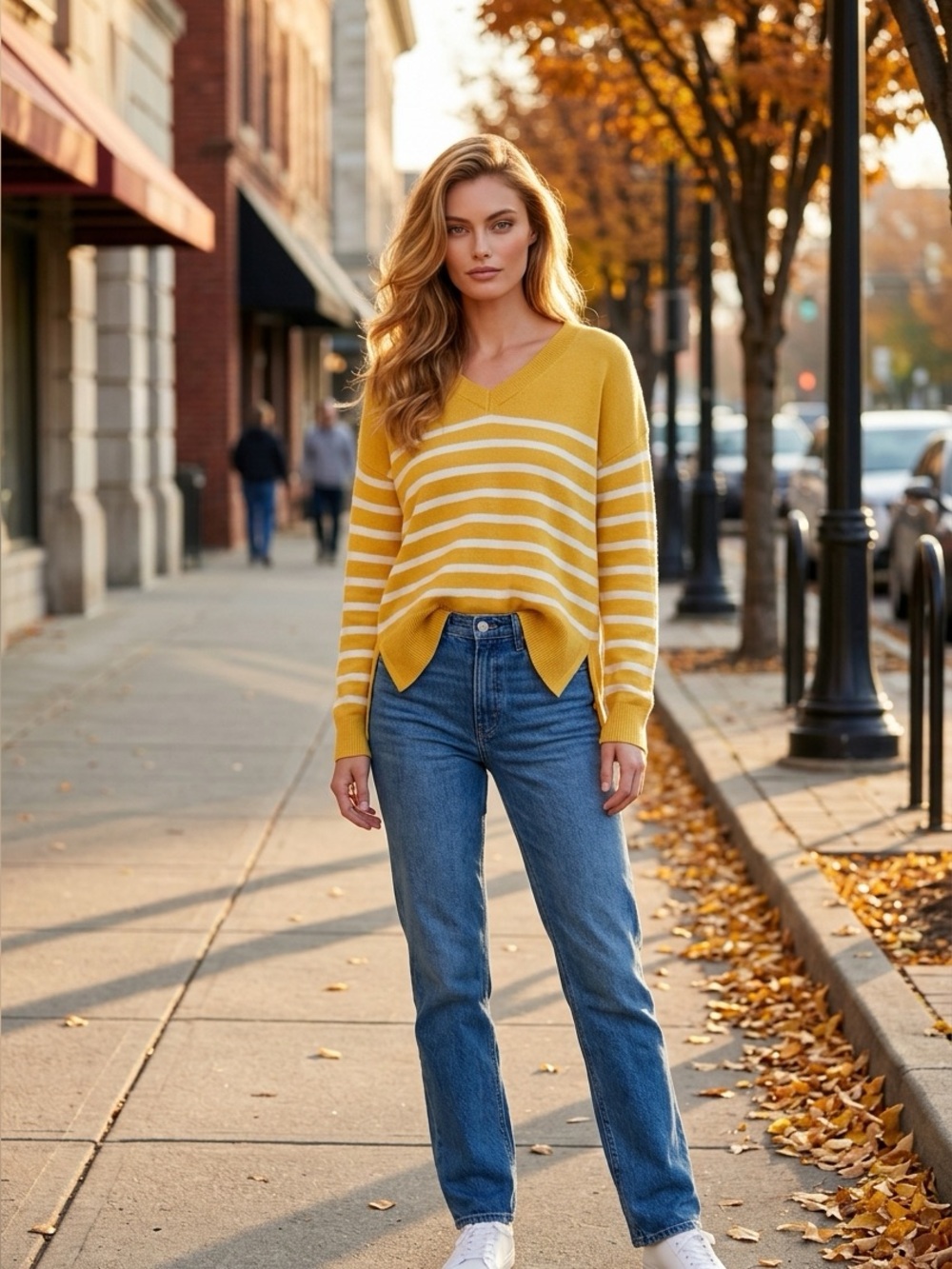 NWT Workshop Republic Clothing Mustard Yellow White Striped High-Low V-Neck